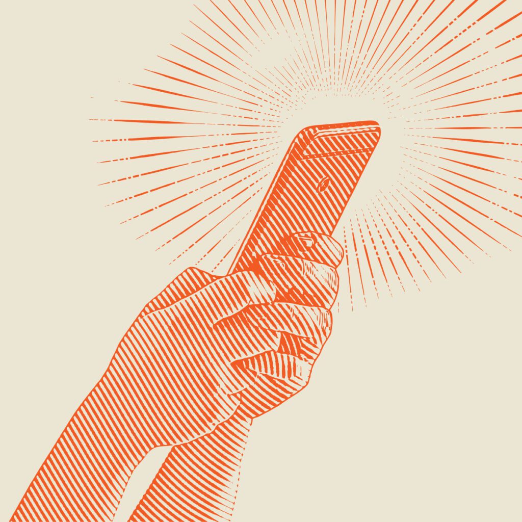 woodcut style drawing of hands holding a smartphone